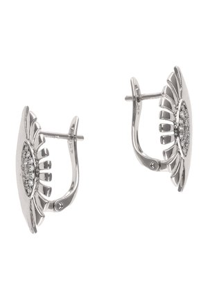 Cercei cu ton argintiu, cu un design în formă de raze solare, care prezintă mici cristale încrustate în centru și încuietori sigure.