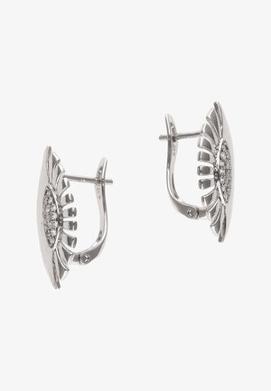 Orecchini tono argento con design a raggiera, caratterizzati da piccoli cristalli incastonati al centro e chiusure sicure.