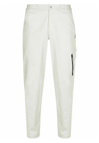 Hellgraue Stoffhose aus weichem Material mit schlankem Schnitt, ausgestattet mit einer Reißverschlusstasche an der Seite und einem dezenten Markenlogo auf der Vorderseite.