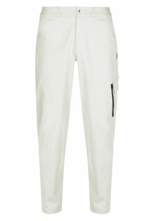 Hellgraue Stoffhose aus weichem Material mit schlankem Schnitt, ausgestattet mit einer Reißverschlusstasche an der Seite und einem dezenten Markenlogo auf der Vorderseite.