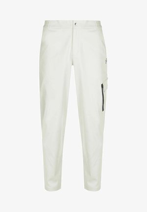 Hellgraue Stoffhose aus weichem Material mit schlankem Schnitt, ausgestattet mit einer Reißverschlusstasche an der Seite und einem dezenten Markenlogo auf der Vorderseite.