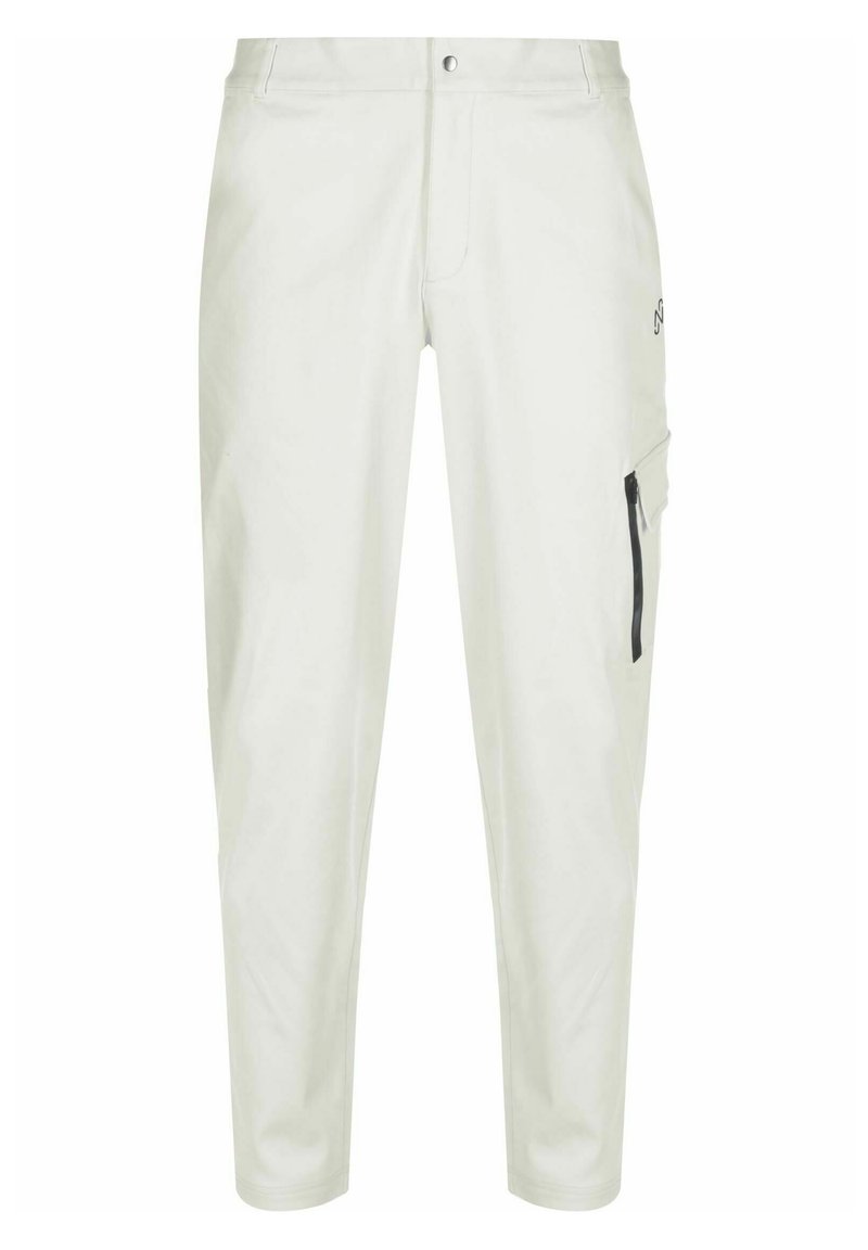 Hellgraue Stoffhose aus weichem Material mit schlankem Schnitt, ausgestattet mit einer Reißverschlusstasche an der Seite und einem dezenten Markenlogo auf der Vorderseite.