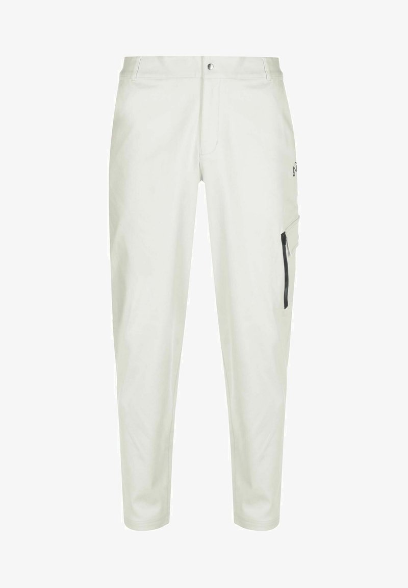 Hellgraue Stoffhose aus weichem Material mit schlankem Schnitt, ausgestattet mit einer Reißverschlusstasche an der Seite und einem dezenten Markenlogo auf der Vorderseite.