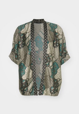Veste style kimono à manches courtes et ouverture frontale avec motifs patchwork floraux et géométriques en bleu sarcelle, noir, gris et crème.