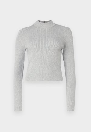 Lysegrå ribbestrikket langermet høyhalset topp med en tettsittende silhuett og en liten glidelås bak. Glatt tekstur gjennom hele.