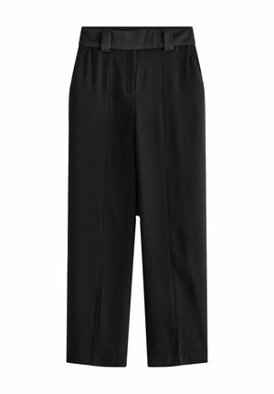 Melni bikses ar pielāgotu dizainu, ar plašu kāju, krokojumiem un plakanu jostasvietu. Izgatavotas no gluda, viegla materiāla.