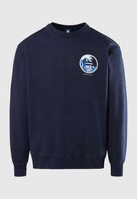 Felpa blu navy in misto cotone, con colletto rotondo, polsini a costine e logo frontale con onde e testo.