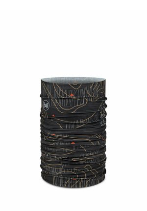 Black multifunctional neck gaiter with abstract orange and gray line patterns, featuring a small white Buff logo on the side.