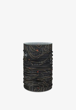 Black multifunctional neck gaiter with abstract orange and gray line patterns, featuring a small white Buff logo on the side.