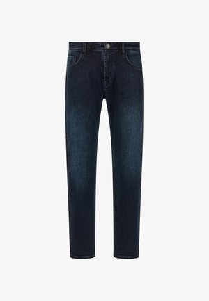 Tmavě modré džíny se straight střihem, které mají pět kapes, zapínání na knoflík a jemné vyblednutí na povrchu látky.