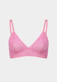 Roze kant bralette met een V-hals ontwerp, dunne verstelbare bandjes en een bloemenpatroon. Zachte textuur, naadloze randen en zonder beugel.
