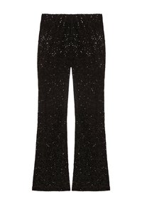 Pantaloni neri a campana realizzati in un tessuto testurizzato decorato con paillettes scintillanti, creando un effetto luccicante su tutta la superficie.