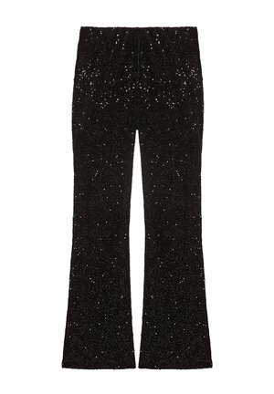 Black flared pants featuring a textured fabric adorned with shimmering sequins, creating a sparkling effect throughout the surface.