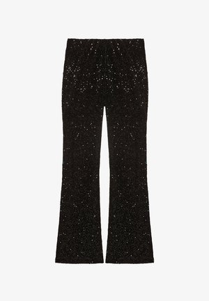 Pantaloni neri a campana realizzati in un tessuto testurizzato decorato con paillettes scintillanti, creando un effetto luccicante su tutta la superficie.