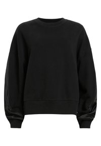 Sweat-shirt noir à col rond avec manches longues bouffantes et panneaux zippés le long des bras extérieurs.