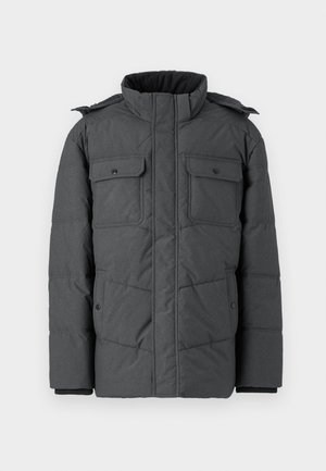 Dunkelgraue, gepolsterte Jacke mit hohem Kragen, zwei Brusttaschen und zwei Seitentaschen. Verfügt über einen Reißverschluss und einen Druckknopfverschluss. Glatte Textur.