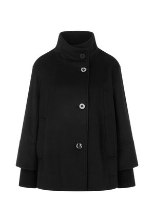 Black wool coat with high collar, four buttons down the front, cuffed sleeves, and two front pockets.