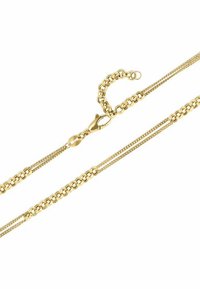 Goldkette mit übereinanderliegenden ovalen Gliedern und strukturiertem Finish. Enthält einen Karabinerverschluss und eine verstellbare Kettenlänge.