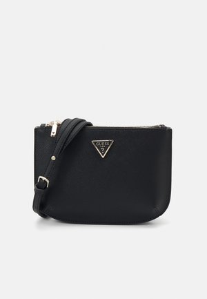Black synthetic crossbody bag with a textured finish, gold-tone hardware, and a triangular logo. Features a zip closure and adjustable strap.