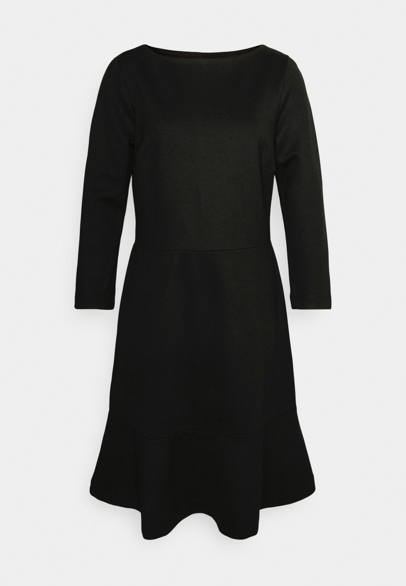 Robe noire à manches longues avec un décolleté bateau et un ourlet évasé. Fabriquée en tissu lisse, avec un corsage ajusté et une silhouette de jupe ample.