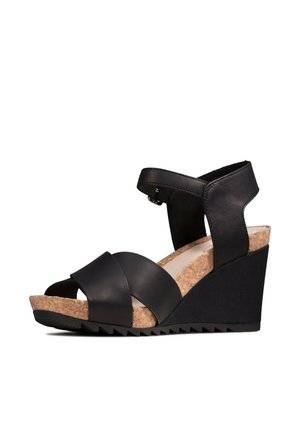 Mustakorkkijalkine, jossa on korkkijalkapohja, kaksi leveää etuolkaa, nilkkastrappi ja teksturoitu musta pohja.