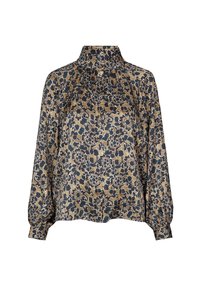 Floral blouse featuring a high collar, long sleeves, and gathered shoulders. Dark navy and gold tones, made from lightweight fabric with a textured finish.