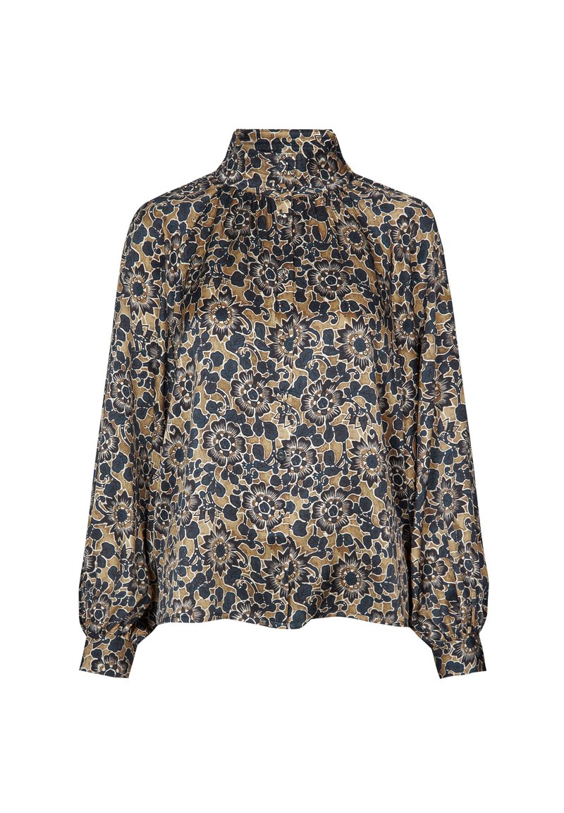 Floral blouse featuring a high collar, long sleeves, and gathered shoulders. Dark navy and gold tones, made from lightweight fabric with a textured finish.