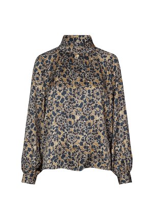 Blommig blus i marinblå och guldtoner, med hög krage, långa ärmar och en avslappnad passform. Tillverkad av lätt, texturerad tyg.