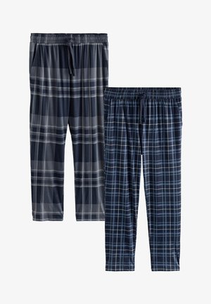 Két pár kockás pizsamanadrág, gumis derékpánttal és zsinórokkal, az egyik sötétszürke árnyalatokban, a másik sötétkék árnyalatokban.
