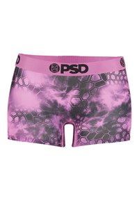 Boxer briefs à motif hexagonal rose et noir avec une ceinture rose arborant le logo PSD noir au centre.