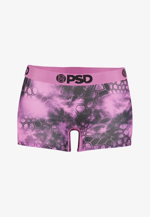 Boxershorts mit rosafarbenem und schwarzem sechseckigem Muster, einem rosa Bund mit dem schwarzen PSD-Logo in der Mitte.