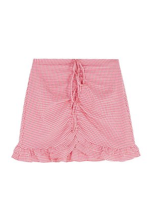 Rood-wit geruite rok met een verzameld ontwerp, verstelbare trekkoord en franje onderaan. Gemaakt van lichte stof.