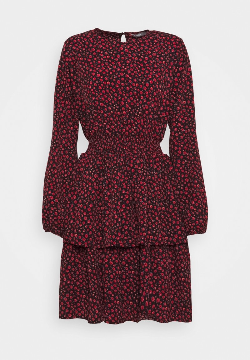 Robe noire à manches longues avec petit motif floral rouge et rose, taille cintrée, encolure ronde et jupe à volants.