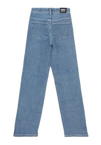 Blue denim jeans with a straight-leg design, featuring a high elastic waistband, two back pockets, and a tag at the waist.