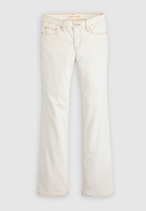Witte flared jeans van denim met lichtbruine stiksels, vijf zakken en een knoopsluiting. Gladde textuur; ontworpen voor een comfortabele pasvorm.