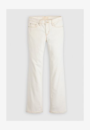 Weiße Jeans im Schlagdesign aus Denim mit hellbrauner Naht, fünf Taschen und Knopfverschluss. Glatte Textur; entwickelt für einen bequemen Sitz.