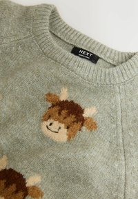 Világoszöld pulóver texturált fonalból, kötött mintával, melyen egy mosolygós, barna és krémszínű akcentusokkal ellátott mesebeli tehén található.