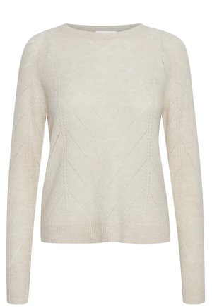Lichte crèmekleurige gebreide trui met een ronde halslijn, voorzien van een gemarmerd ruitpatroon en lange mouwen, afgewerkt met een geribde zoom.