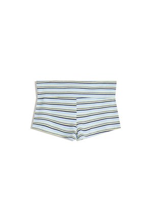 Striped swim shorts with a high waistband, featuring blue, green, and navy stripes on a light blue background. Soft, stretchy fabric.