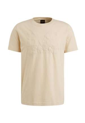 Beige cotton t-shirt with a crew neck, short sleeves, and embossed text reading "PME LEGEND" on the front. Smooth texture.