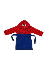 Red and blue bathrobe made of soft fleece. Red hood features a spiderweb pattern and spider logo; includes pockets and a tie belt.