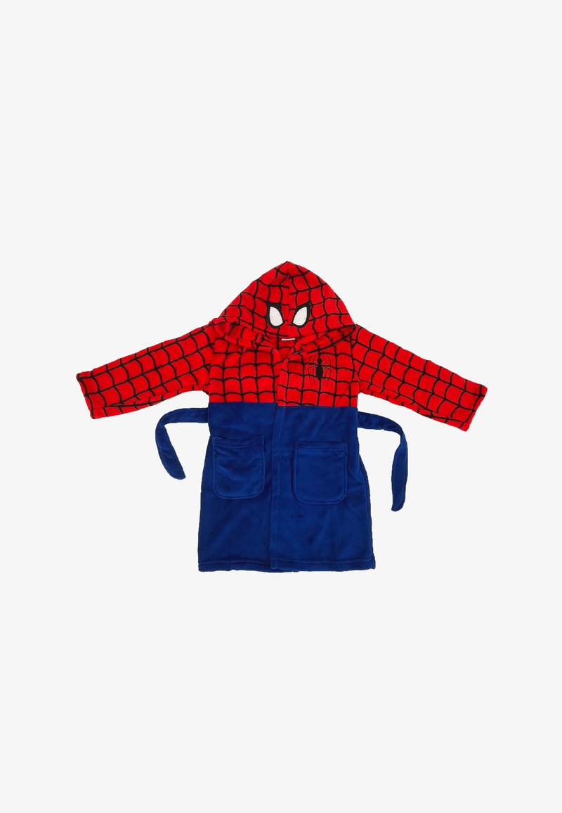 Red and blue bathrobe made of soft fleece. Red hood features a spiderweb pattern and spider logo; includes pockets and a tie belt.
