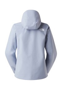 Αδιάβροχο μπουφάν ανοιχτού γαλάζιου χρώματος με κουκούλα, μακριά μανίκια και το λογότυπο "The North Face" στο πάνω δεξί μέρος της πλάτης.