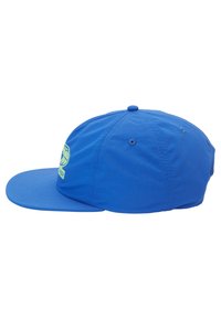 Blaues Baseballcap aus weichem Stoff. Ziert einen flachen Schirm und eine runde Krone. Auf der Vorderseite zeigt es ein grafisches Design in hellgrün.