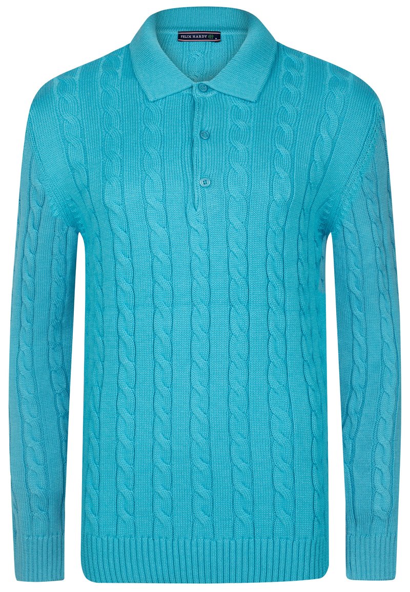 Turquoise gebreide pullover met kabelontwerp, geribbelde manchetten en zoom, en een klassieke polo kraag met twee knopen.