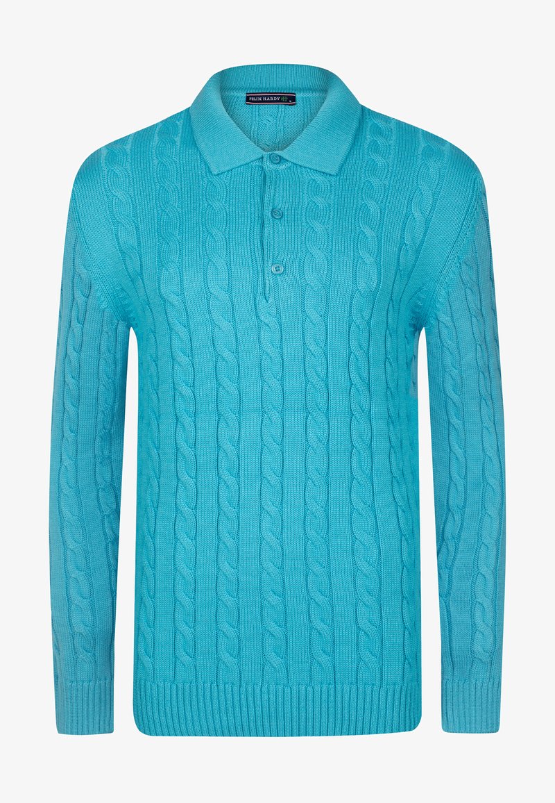 Turquoise gebreide pullover met kabelontwerp, geribbelde manchetten en zoom, en een klassieke polo kraag met twee knopen.