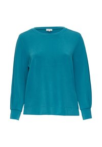 Türkiser Langarm-Sweatshirt aus weichem Stoff. Verfügt über einen Rundhalsausschnitt, einen lockeren Schnitt und schmal zulaufende Bündchen mit glatter Textur. Keine Muster oder Akzente.