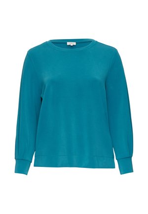 Teal lange mouwen sweatshirt gemaakt van zacht stof. Heeft een ronde hals, een relaxte pasvorm en taps toelopende manchetten met een gladde textuur. Geen patronen of accenten.