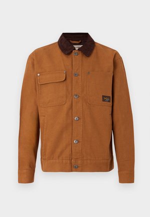 Braune Baumwolljacke mit Cordkragen, zwei Brusttaschen, vorderer Knopfverschluss und Metall-Druckknöpfen. Schlichte Textur.