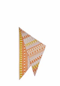 Triangle textile en orange, jaune et rose avec des motifs géométriques et des textures variées. Tissu doux avec des lettres et des formes imprimées audacieuses.